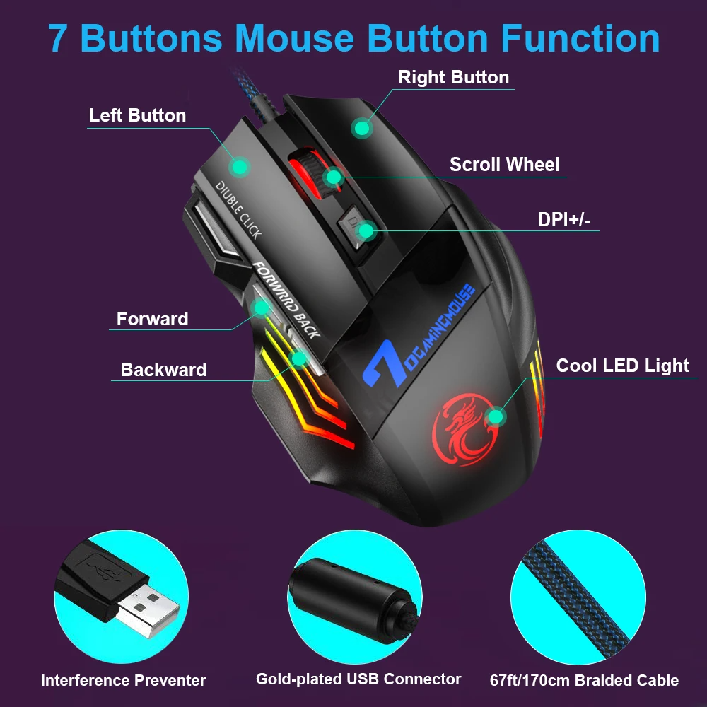 Professional Wired Gaming Mouse 7 Buttons LED 5500DPI