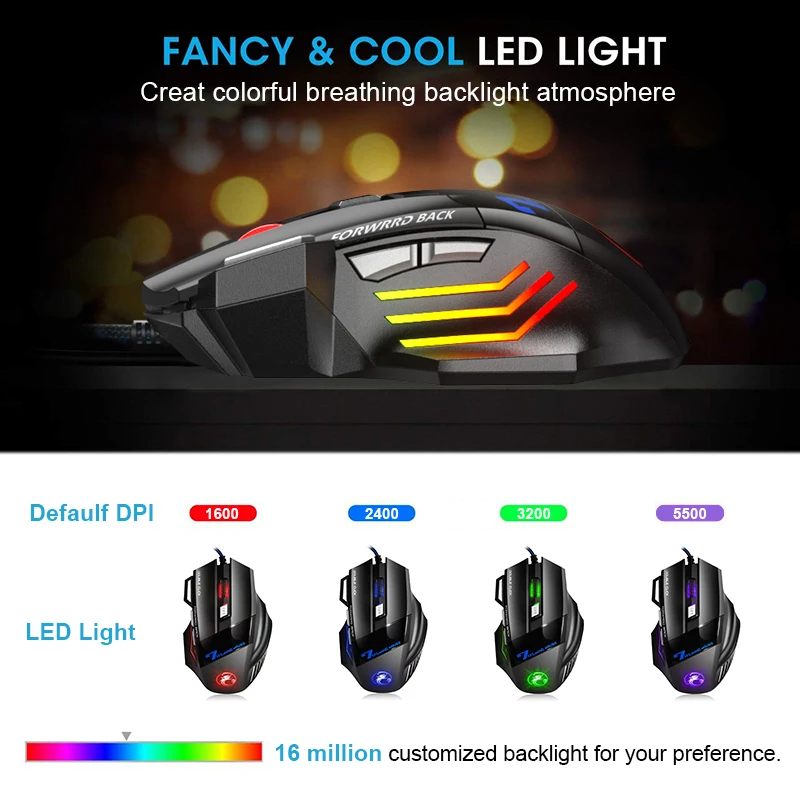 Professional Wired Gaming Mouse 7 Buttons LED 5500DPI