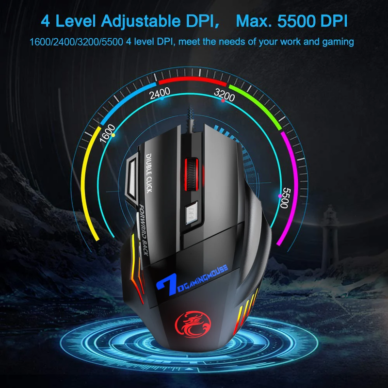 Professional Wired Gaming Mouse 7 Buttons LED 5500DPI